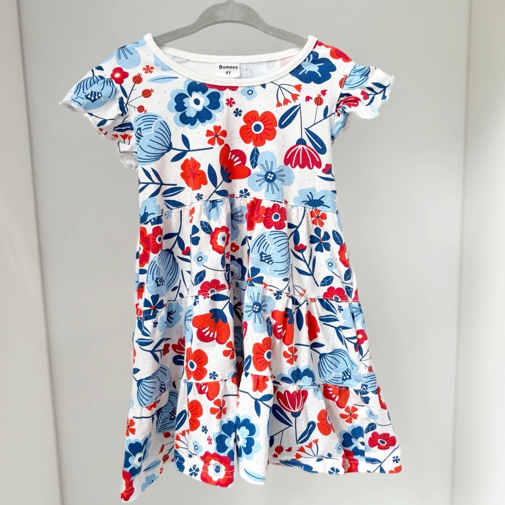 Toddler Girl Dress - Blue and Red Patriotic Floral Size 4Y